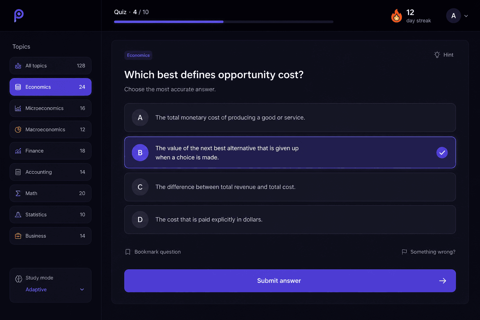 Pageprof Drill practice quiz with a multiple-choice economics question